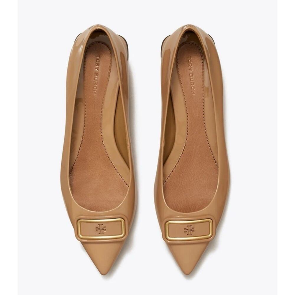 Tory Burch GEORGIA Pointed Toe Flats Almond Flour Beige Patent Leather Size 7.5